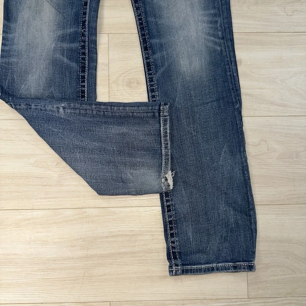 BKE Jeans Mens 34L Blue Derek Straight 36x33 Faded Whiskered Dark‎ Wash Denim